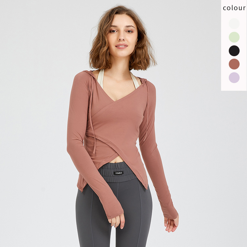 Women Breathable Sports Fitness Cross Front Hoody Yoga Crop Top