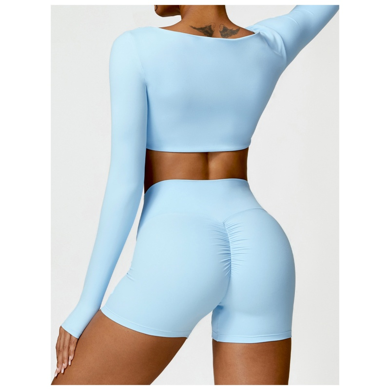 Women 2 Piece Yoga Finesss Activewear Suit Square Neck Long Sleeve Crop Tops High Waist Biker Shorts Workout Gym Sets