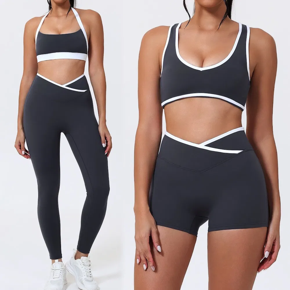 Custom Logo 4 Piece High Quality Activewear Set for Women, Color-Block Fitness Sexy Sports Bra + Gym Shorts + Workout Leggings Matching Pilates Outfits