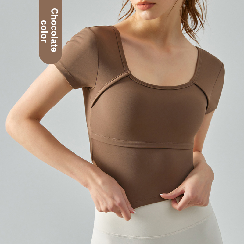 2-in-1 Yoga Short Sleeve U-Shaped Open Back T-Shirt Sports Cut-out Bra