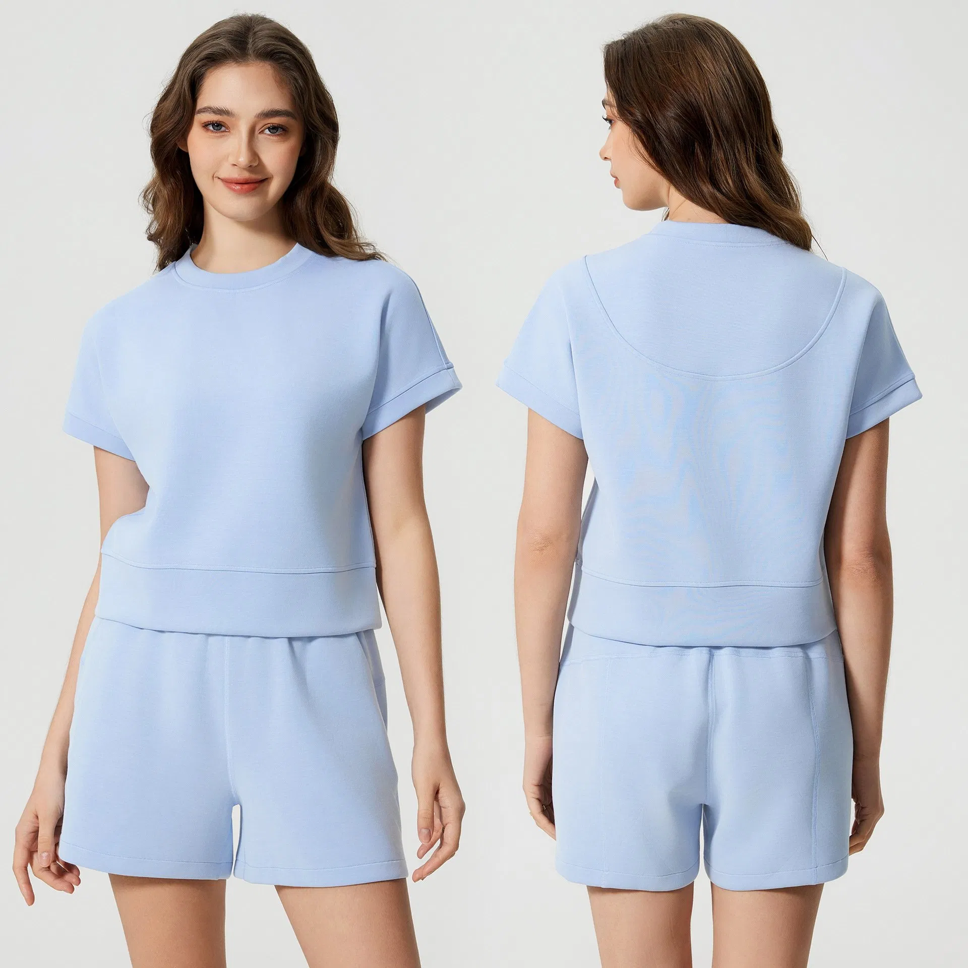 OEM/ODM Custom Activewear Breathable Air-Layer Solid Color Short Sleeve T-Shirts Women Workout Gym Casual Shorts 2 Peice Sets