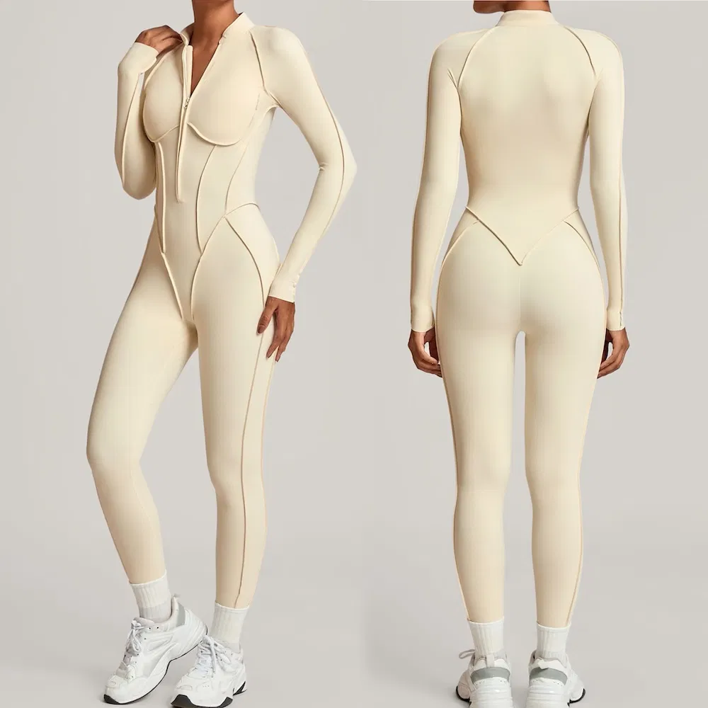 High End Gym Outfits Long Sleeve Workout Bodysuit for Women, One-Piece Casual Sporty Ropa Deportiva Zipup Yoga and Pilates Fitness Romper with Fantastic Sewing