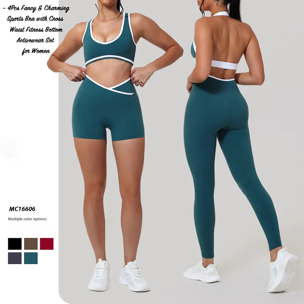 Custom Logo 4 Piece High Quality Activewear Set for Women, Color-Block Fitness Sexy Sports Bra + Gym Shorts + Workout Leggings Matching Pilates Outfits