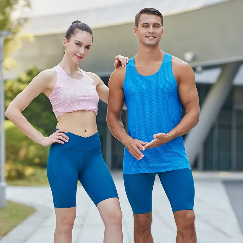 Wholesale Matching High Waist Training Gym Shorts Stretched Workout Bike Shorts with Side Pocket for Women and Men, Custom Print Logo Summer Fitness Clothes