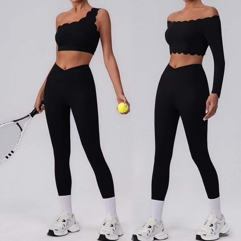 Hot Sale 3PCS Fashion Petal Edge Activewear Set Trendy One Shoulder Bra + Crop Top + Yoga Pants Matching Workout Clothing Premium Running Outfit Suit