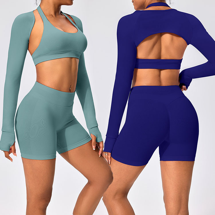 2025 New Ladies Seamless Shorts Set Yoga Bra Fitness Outfit Sports Top Quick-Dry Bra Long Sleeve Jacket High-Waist Shorts Custom Logo
