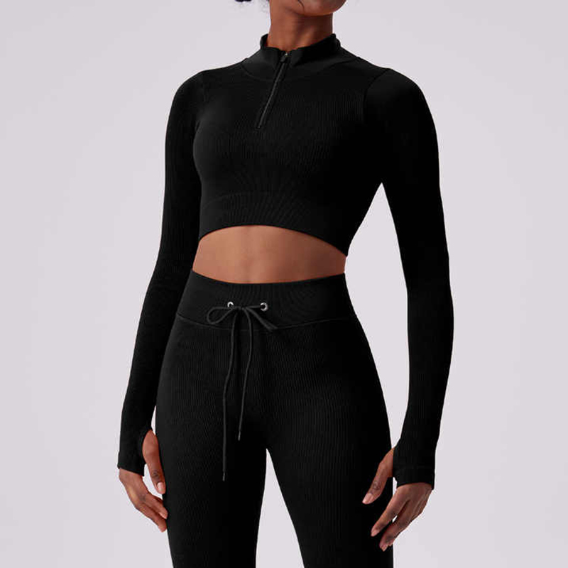 High-Top Women's Long-Sleeved Elastic Zipper Sports Fitness Wear Quick-Drying Breathable Yoga Tops