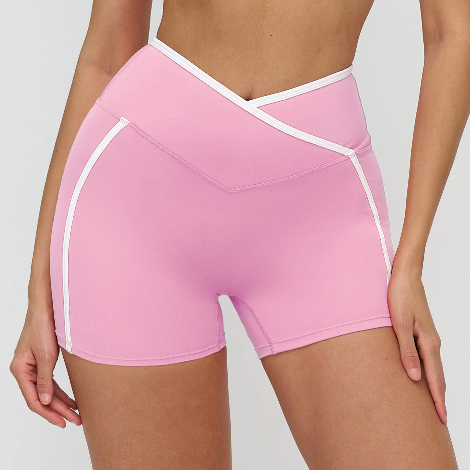 Seamless Color-Block Yoga Shorts with Cross Waistband - Slim-Fit for Outdoor Running, Fitness &amp; Workouts
