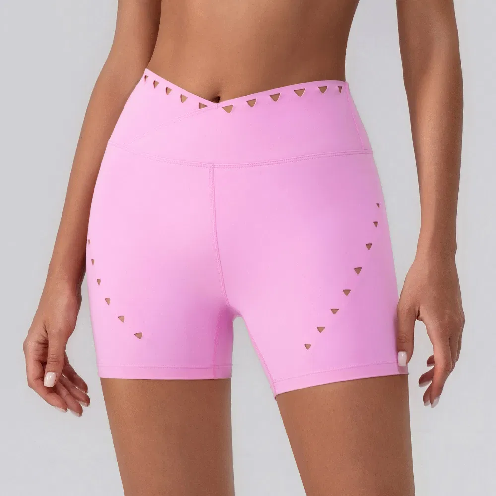 2025 Newest Breathable Air Hole Running Yoga Shorts Women Custom Cross Waistband Workout Shorts