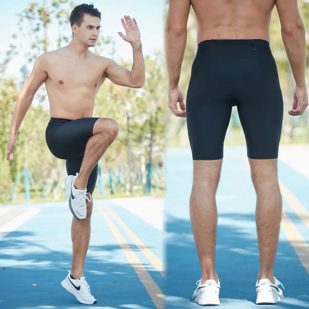 Factory OEM &amp; ODM Premium Nylon Spandex Workout Running Jogging Clothes Quick Dry Gym Fitness Training Shorts with Back Zipper Pocket + Drawstring for Men