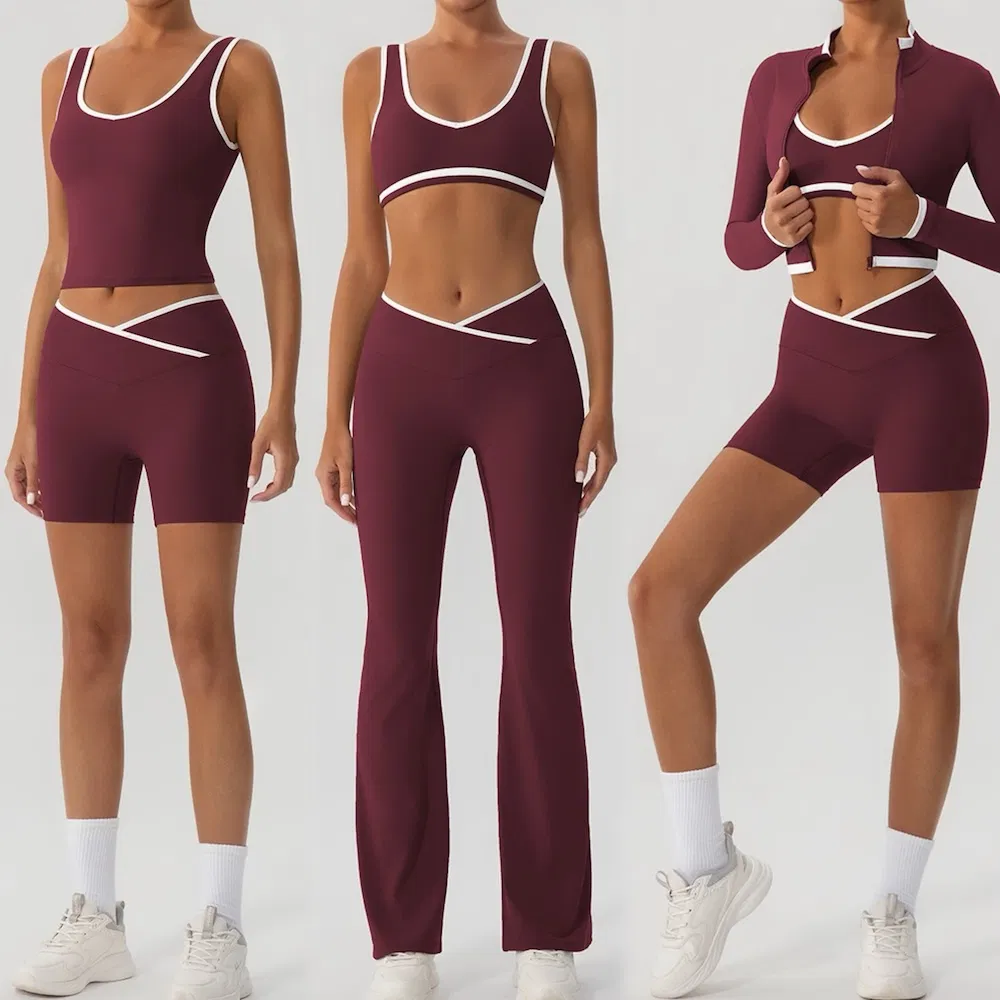 5 PCS Latest Color-Blocked Workout Clothes for Women, Matching Yoga Pilates Tops + Running Shorts and Flare Pants with Cropped Exercise Jacket Activewear Set