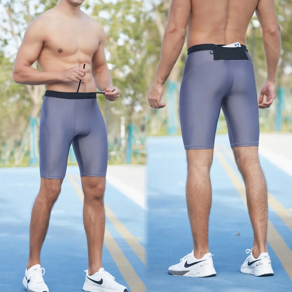 Factory OEM &amp; ODM Premium Nylon Spandex Workout Running Jogging Clothes Quick Dry Gym Fitness Training Shorts with Back Zipper Pocket + Drawstring for Men