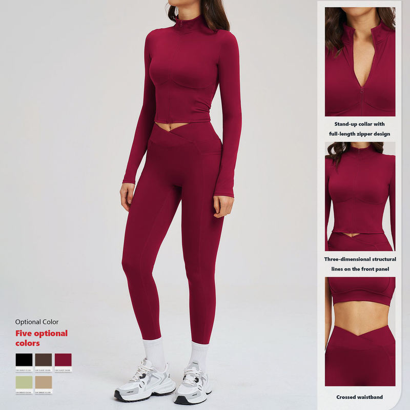 Women Yoga Set Full Zip Stand Collar Crop Top Criss Cross Waistband Leggings High Stretch Activewear