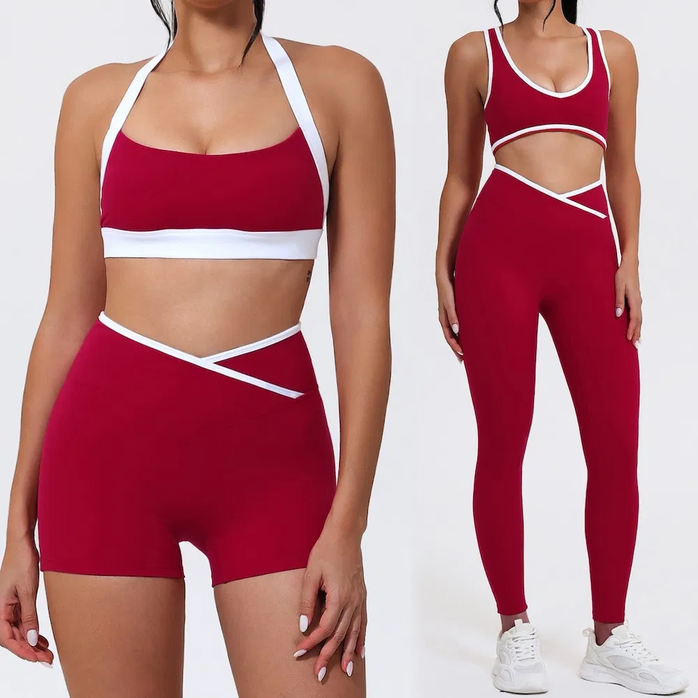 Custom Logo 4 Piece High Quality Activewear Set for Women, Color-Block Fitness Sexy Sports Bra + Gym Shorts + Workout Leggings Matching Pilates Outfits