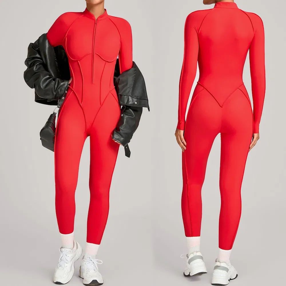 High End Gym Outfits Long Sleeve Workout Bodysuit for Women, One-Piece Casual Sporty Ropa Deportiva Zipup Yoga and Pilates Fitness Romper with Fantastic Sewing
