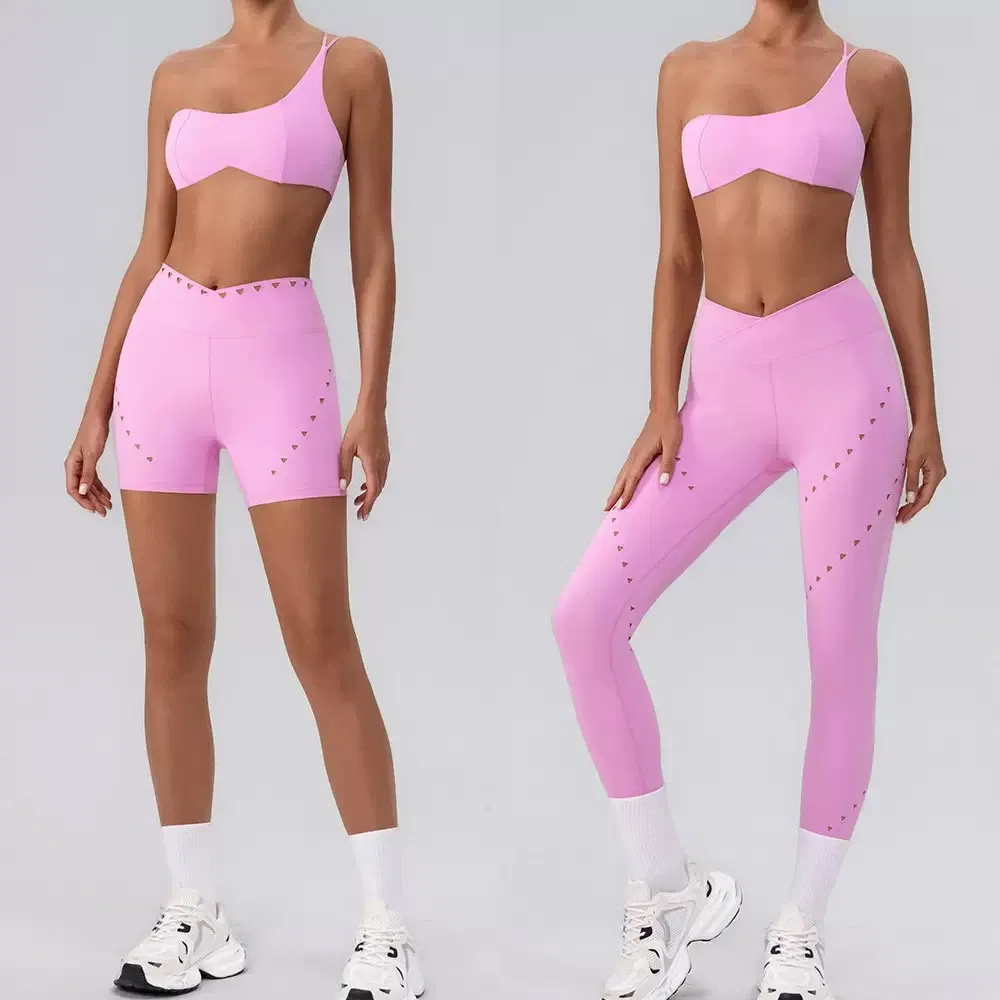 3PCS New Fashion Single Shoulder Activewear Set for Women, Customizable Hollow Back Sports Bra + Cross Waist Gym Shorts + Workout Leggings Pilates Clothes