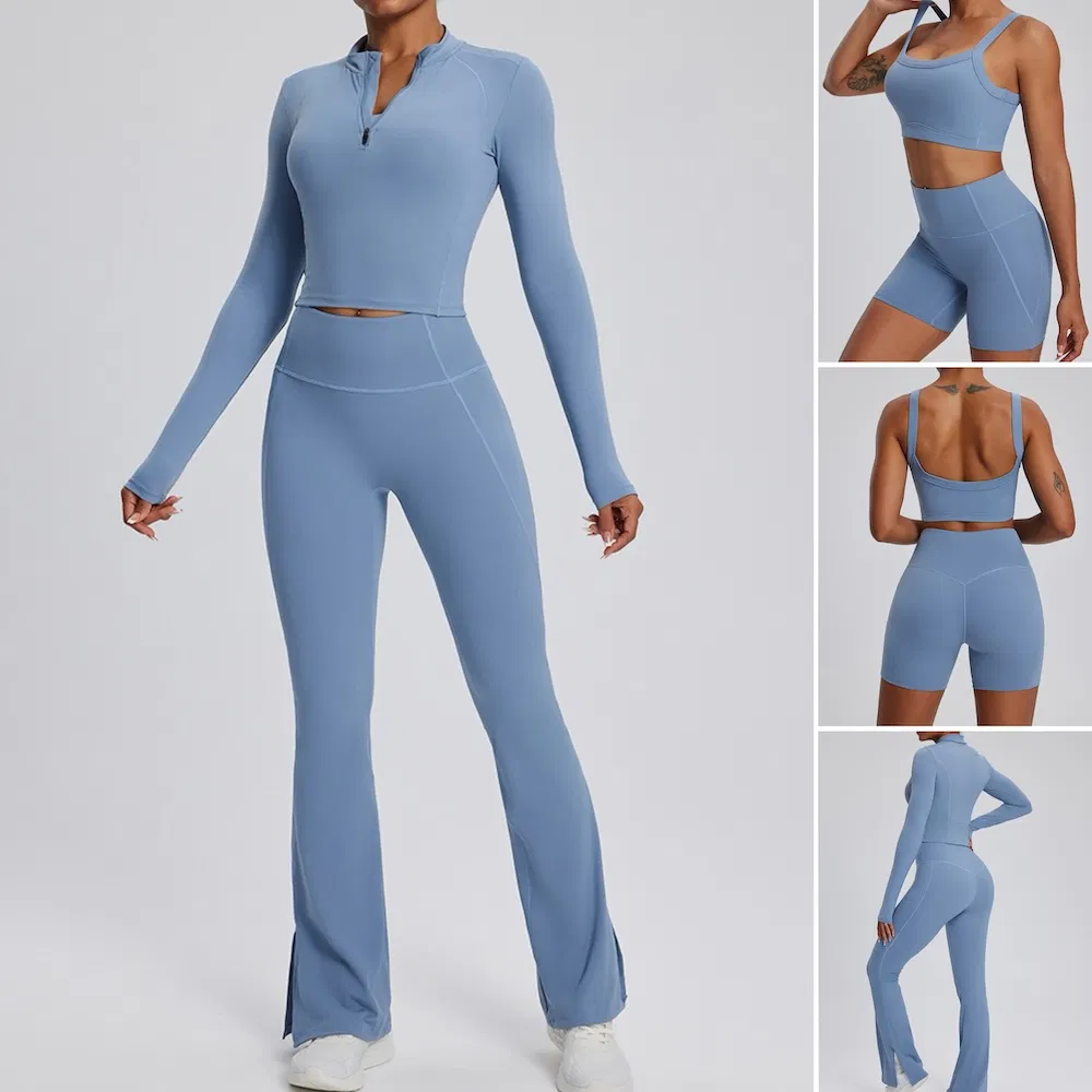 New Design 4 Piece Exercise Running Clothing Fashion Activewear Set for Women, Sports Bra + T-Shirt Top + Workout Shorts + Flared Yoga Pants Fitness Outfits