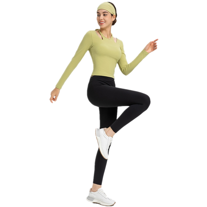 Xsunwing New Ribbed Sexy Halter Neck Yoga Bra Long Sleeve T Shirt Breathable Quick-Drying Fitness Seamless Tops with Thumb Hole Wdq027