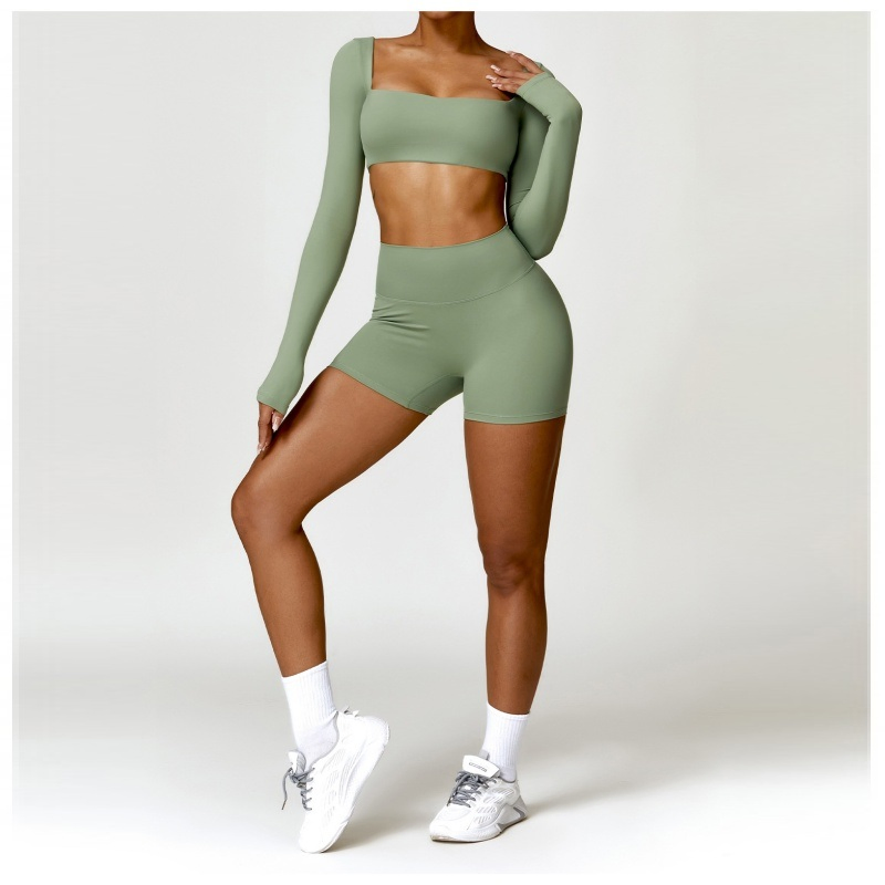 Women 2 Piece Yoga Finesss Activewear Suit Square Neck Long Sleeve Crop Tops High Waist Biker Shorts Workout Gym Sets