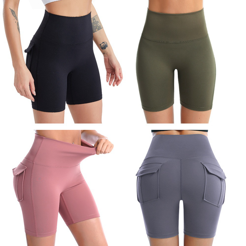 New Charm Back Cargo Pockets Biker Shorts Seamless Front Compression Workout Yoga Shorts High Waisted Gym Short Pants for Women