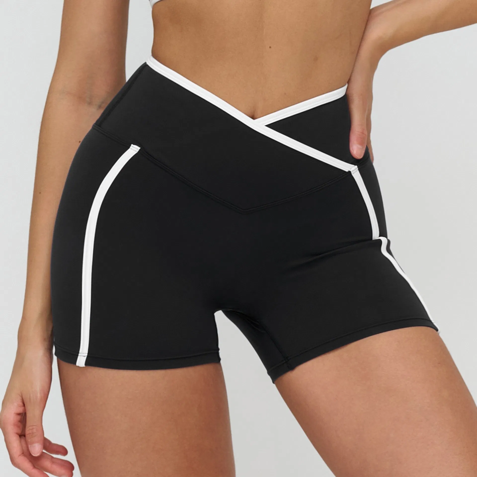 Seamless Color-Block Yoga Shorts with Cross Waistband - Slim-Fit for Outdoor Running, Fitness &amp; Workouts
