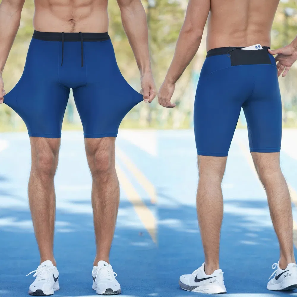 Factory OEM &amp; ODM Premium Nylon Spandex Workout Running Jogging Clothes Quick Dry Gym Fitness Training Shorts with Back Zipper Pocket + Drawstring for Men