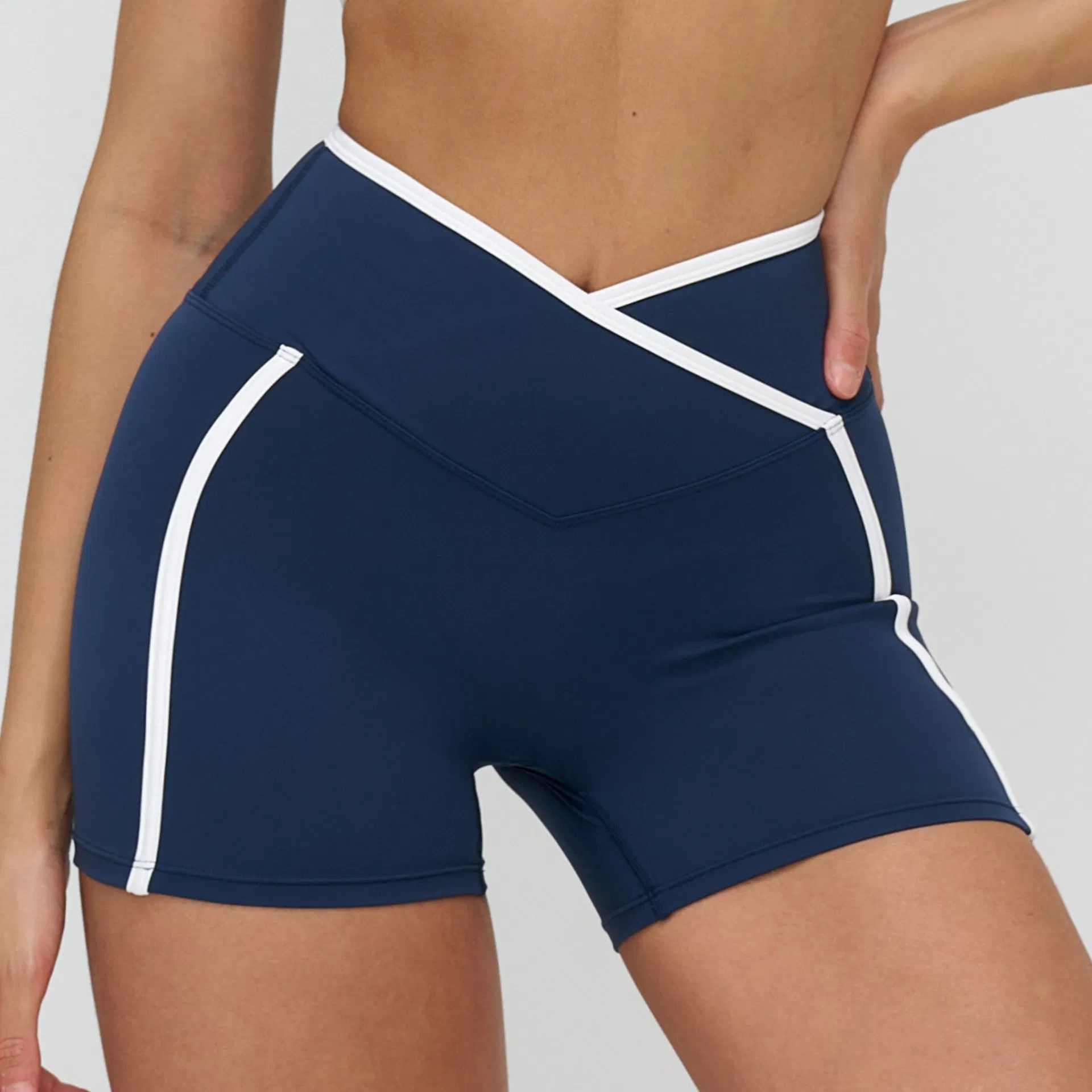 Seamless Color-Block Yoga Shorts with Cross Waistband - Slim-Fit for Outdoor Running, Fitness &amp; Workouts