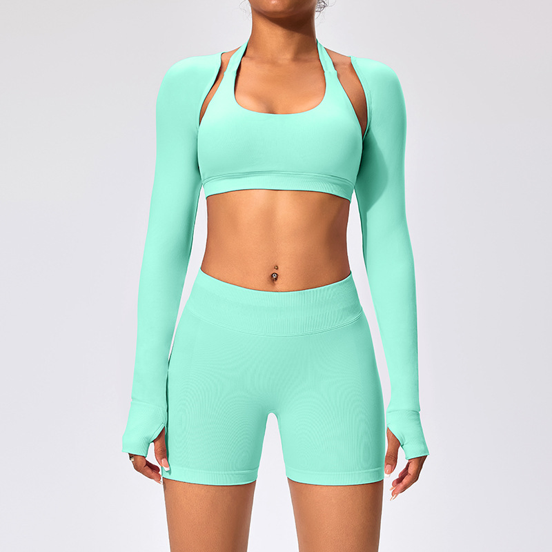 2025 New Ladies Seamless Shorts Set Yoga Bra Fitness Outfit Sports Top Quick-Dry Bra Long Sleeve Jacket High-Waist Shorts Custom Logo