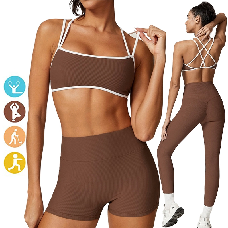 New Stylish 5 PCS Lounge Ribbed Activewear Set Cute Workout Clothes for Woman, Cute Strappy Yoga Bra + Gym Fitness Pants + Exercise Top Going out Athletic Wear