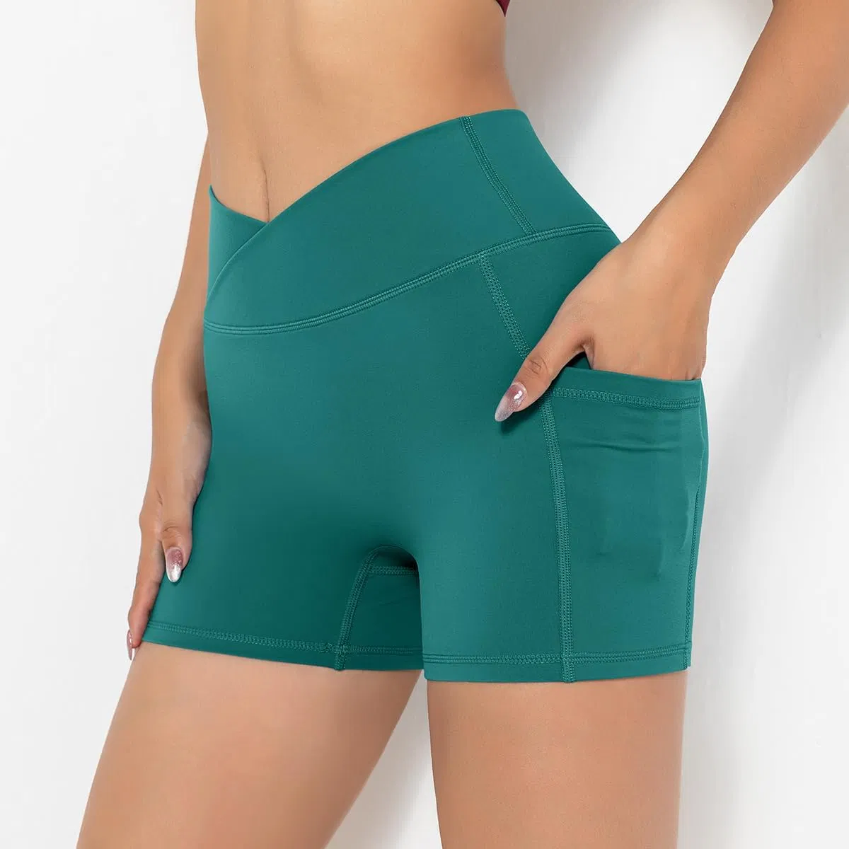 Biker Shorts for Women High Waist Tummy Control Cross Waist Gym Workout Shorts with Pockets Compression Yoga Shorts