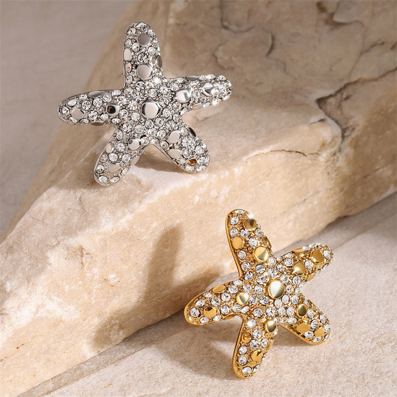 Premium Starfish Diamond Ring Niche Design Fashion Jewelry Stainless Steel Metal Ring Jewelry