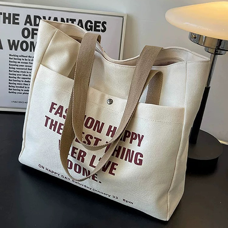 Large Capacity Custom logo Letter Printed Canvas Handbag with Pocket Zipper Shopping Bag