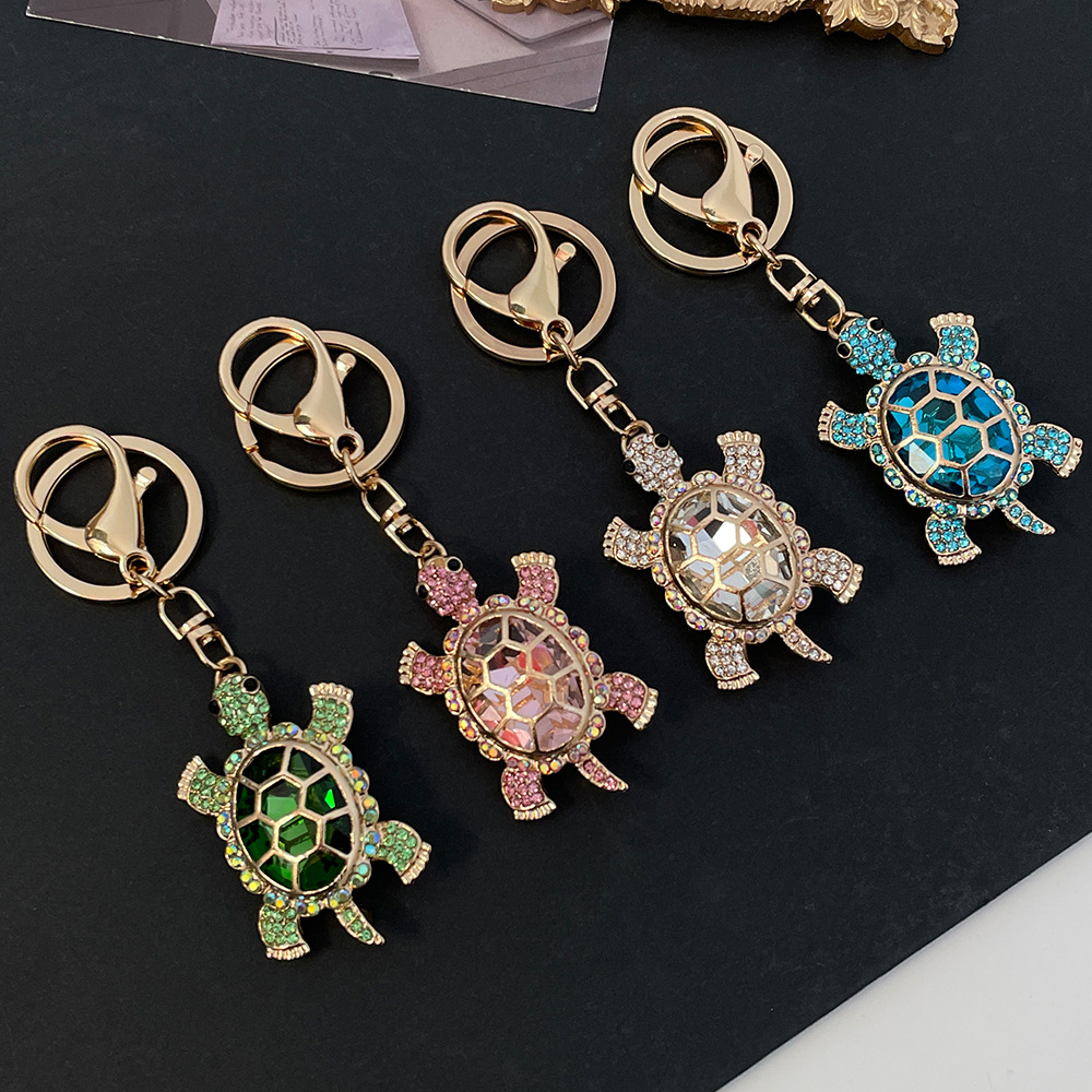 Women's Fashion Colorful Crystal Rhinestone Gold Metal Animal Cute Turtle Car Key Ring Charm Keychain Accessory Creative Gifts