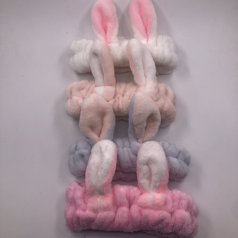 Women's Cute Rabbit Ears Coral Fleece Plush Comfortable Soft Fashion Hairband with Elastic Spa Headband for Shower Washing Face