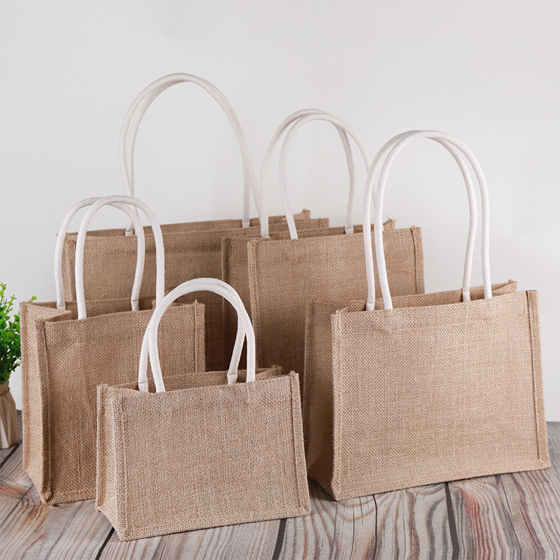 Eco Recyclable Biodegradable Burlap Sustainable Jute Linen Hemp Tote Grocery Beach Bag