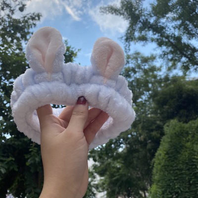 Women's Cute Rabbit Ears Coral Fleece Plush Comfortable Soft Fashion Hairband with Elastic Spa Headband for Shower Washing Face
