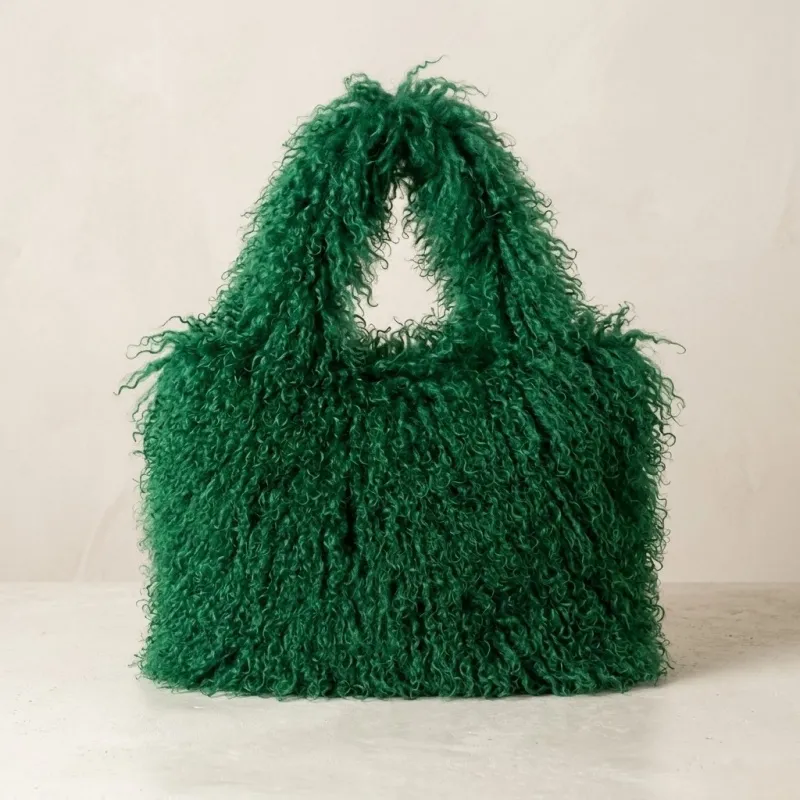 Women Soft Plush Pink Faux Sheep Fur Tote Bag for Winter Use
