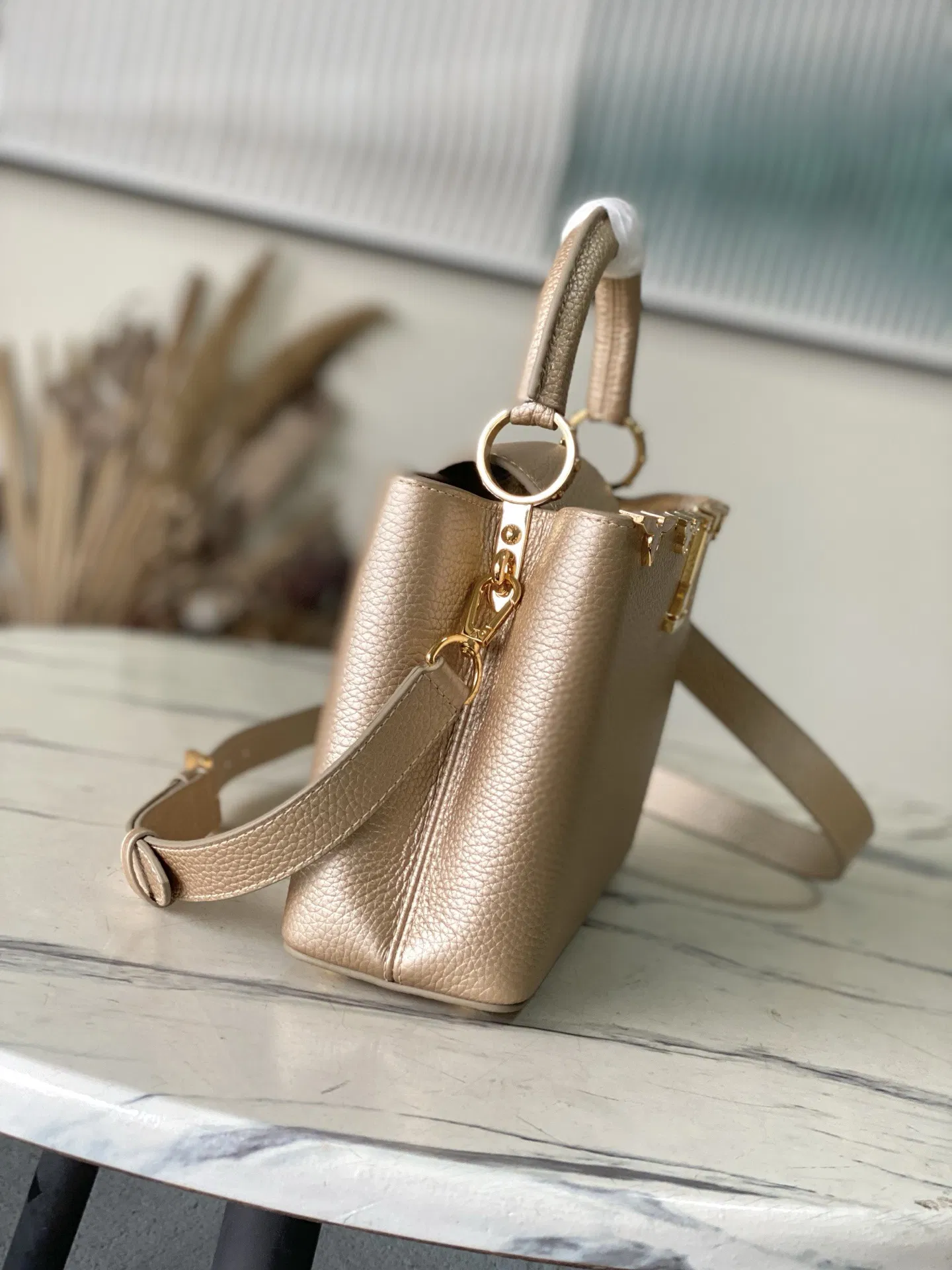 Champagne Gold Grain Leather Satchel Top Handle Crossbody Handbag for Women