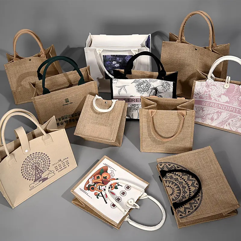 Eco Recyclable Biodegradable Burlap Sustainable Jute Linen Hemp Tote Grocery Beach Bag