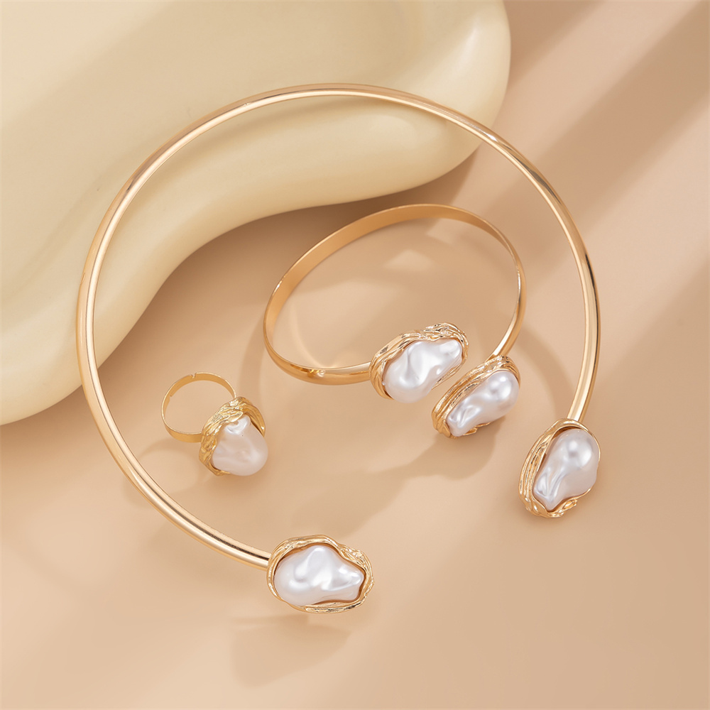 Baroque Irregular Imitated Pearl Necklace Bracelet Ring Set for Women Female Lady Open Collar Cuff Bracelet Accessories Jewelry