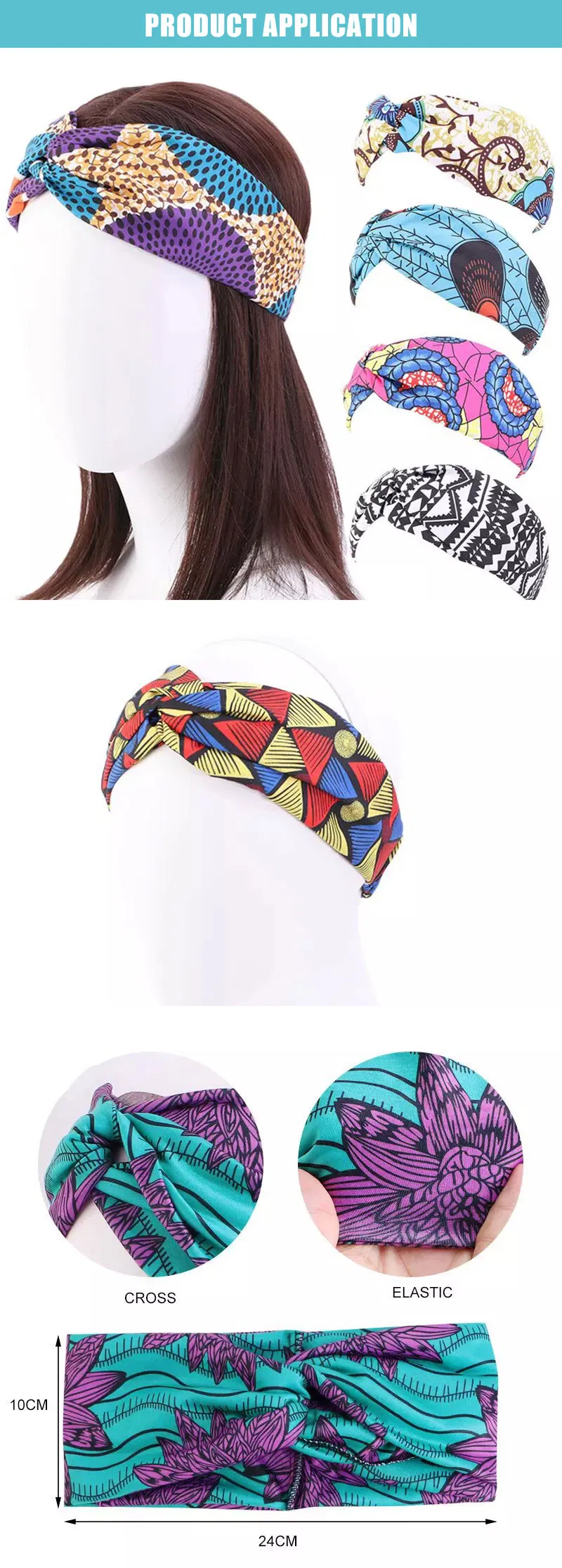 Custom Vintage Pattern Ethnic Wide Hairband Women Headband Elastic Sport Print Hair Accessories