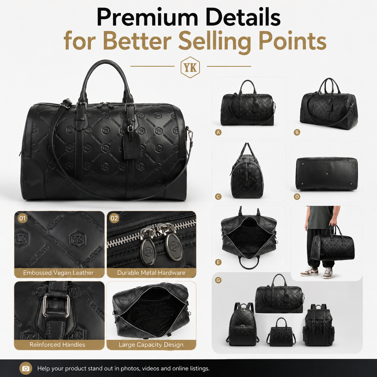 YIKU Private Label Monogram Debossed Vegan Leather MOQ 100 100% Inspection Men Women Travel Duffel Backpack Tote Bag Set