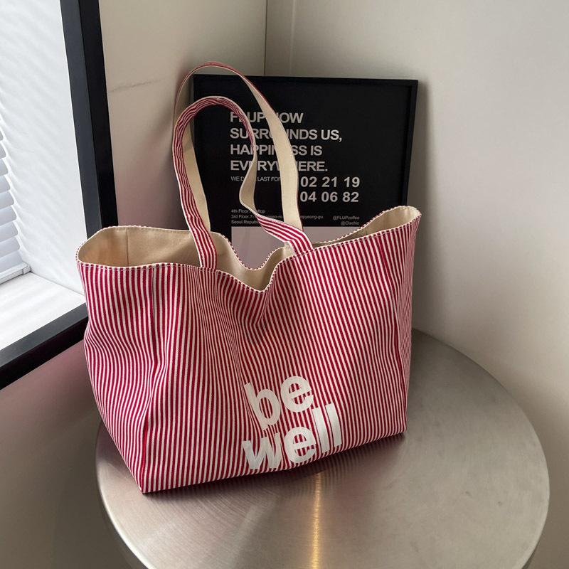 Customized Niche Design Ins Large Capacity Commuting Single Shoulder Female Student Striped Bag Canvas Shopping Bag