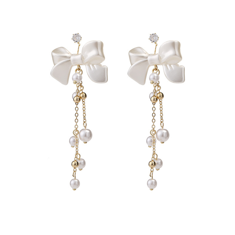 Elegant Women's Fashion Drop Earrings with Pearl Bow Tassel Stylish Personality Jewelry