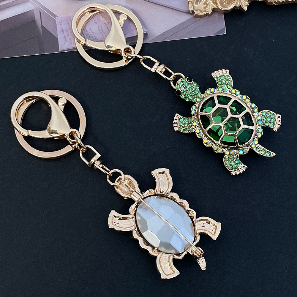 Women's Fashion Colorful Crystal Rhinestone Gold Metal Animal Cute Turtle Car Key Ring Charm Keychain Accessory Creative Gifts