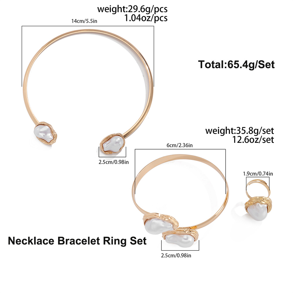 Baroque Irregular Imitated Pearl Necklace Bracelet Ring Set for Women Female Lady Open Collar Cuff Bracelet Accessories Jewelry