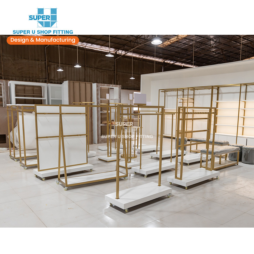 Fashion Clothing Store Shelf Design Clothing Store Decoration Gold Stainless Steel Shelf With Light