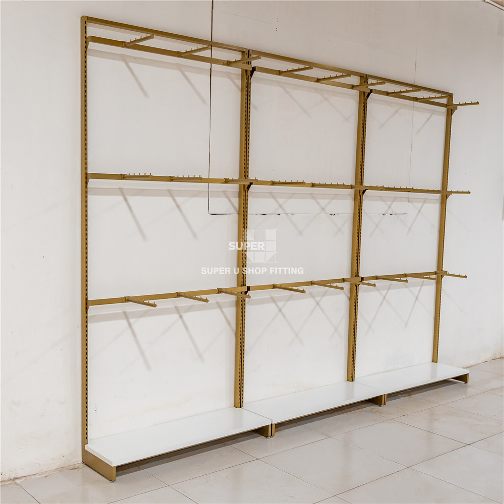 Fashion Clothing Store Shelf Design Clothing Store Decoration Gold Stainless Steel Shelf With Light