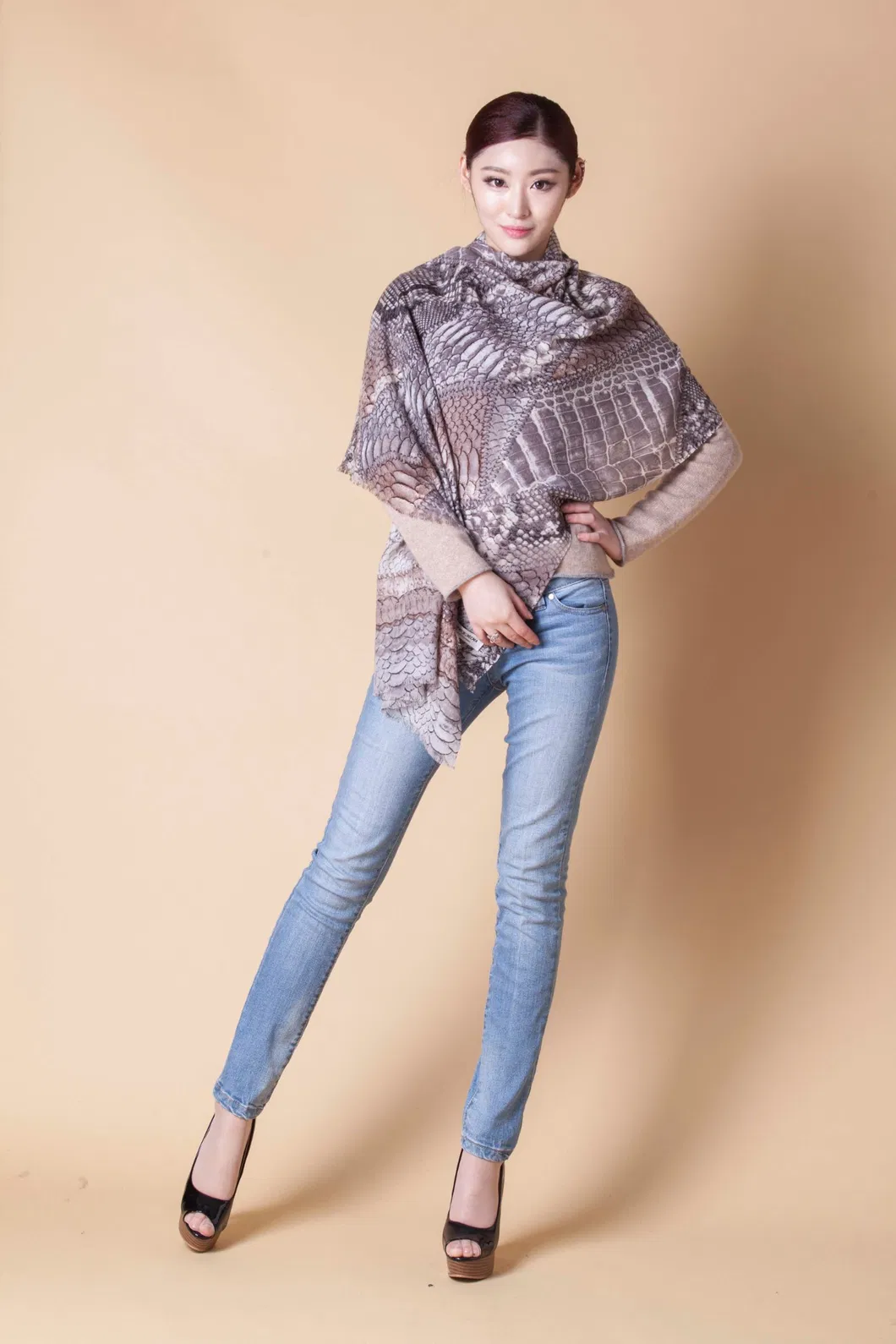 Ladies Fashion Premium Wool Woven Fashion Digital Printed Glitter Scarf Shawl