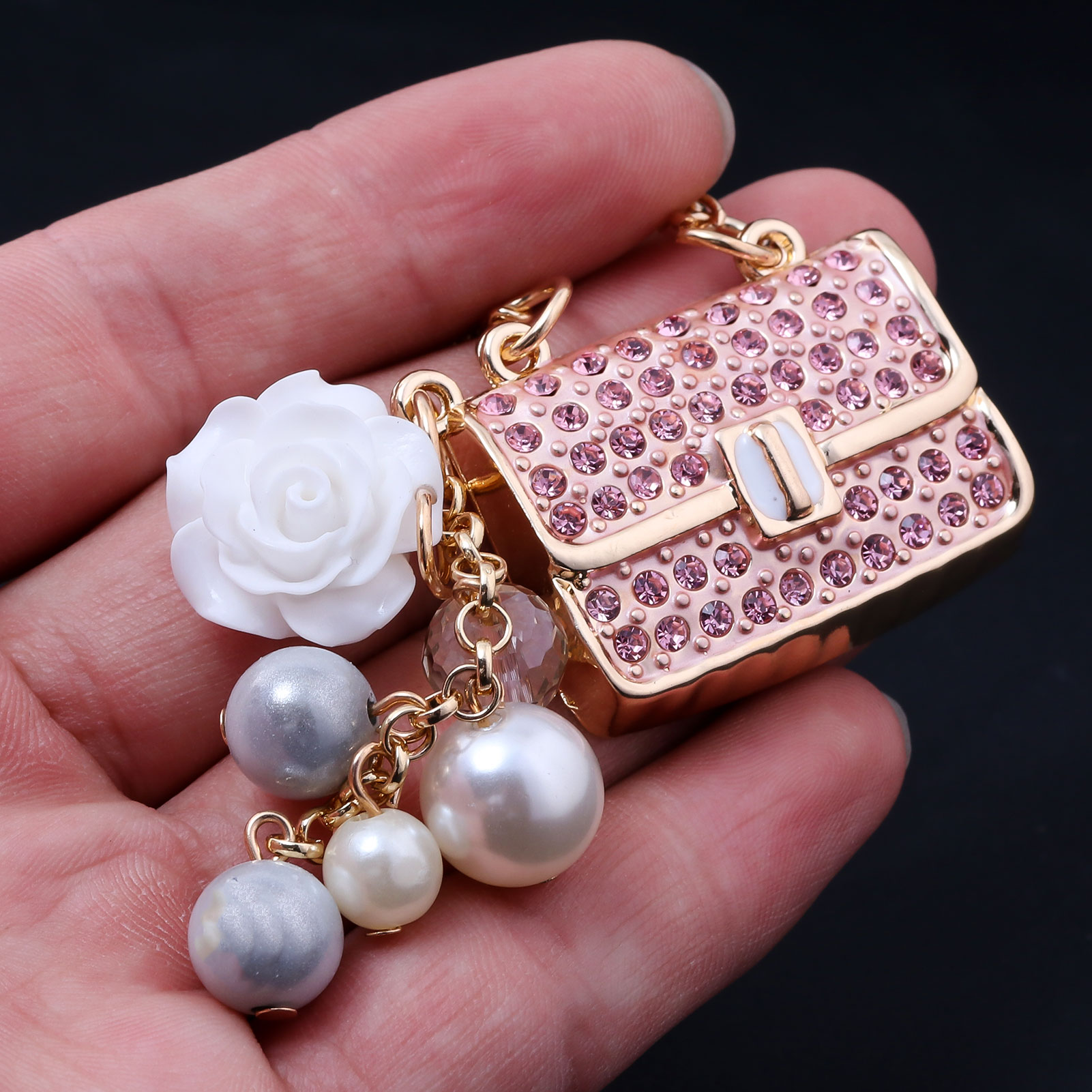 Fashion Crystal Bag Shape Flower Rhinestone Keychain for Women's Bags Pendants Decoration
